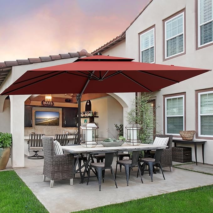 9x12FT Red Cantilever Outdoor Patio Umbrella with Base, Large Rectangular Offset Design, Double Top Heavy Duty Aluminum Frame & 360° Rotation for Pool Garden Deck Backyard