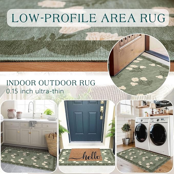 Outdoor Rug Floral Scalloped Mat, Sage Green, 2 x 4.25 ft