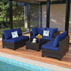 7 Pieces Outdoor Patio Furniture Set, Outdoor Wicker Sectional with Thick Cushions for Garden and Backyard (Brown/Deep Blue)