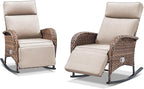 Zero Gravity Patio Rocking Wicker Recliner Chairs Set of 2- Wicker Outdoor Lounge Chair with Adjustable Backrest & Footrest, All Weather Reclining Rocker Chairs with Thick Cushion for Pool Deck Beige