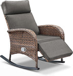 Zero Gravity Patio Rocking Wicker Recliner Chair - Wicker Outdoor Lounge Chair with Adjustable Backrest & Footrest, All Weather Reclining Rocker Chairs with Thick Cushion for Pool Deck Gray