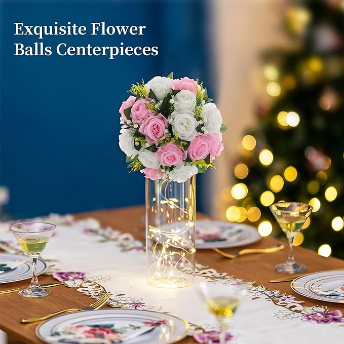 Artificial Flowers: Pink and White Silk Rose Ball Centerpieces