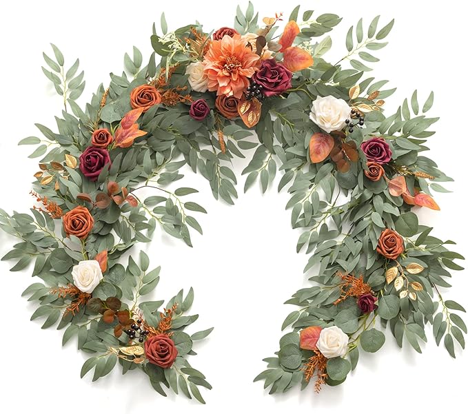 Artificial Flower Garland, 6 Ft Eucalyptus Burnt Orange Silk