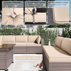 Kullavik 10 Pieces Outdoor Patio Furniture Set with 43" 55000BTU Gas Propane Fire Pit Table PE Wicker Rattan Sectional Sofa Patio Conversation Sets,Khaki