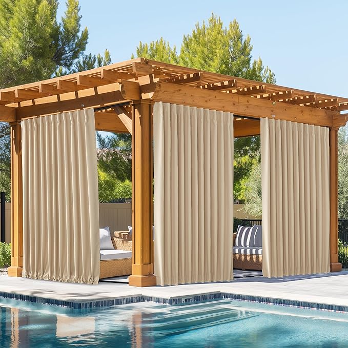 NICETOWN 2 Panels Outdoor Curtains Waterproof Pocket & Back Tab on Top & Bottom, Thermal Insulated Windproof Sun Blocking Outside Privacy Drapes for Patio with Fixed Rope, W84 x L95, Biscotti Beige