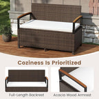 RELAX4LIFE Wicker Outdoor Storage Bench - Rattan Deck Box w/Protective Liner for Patio Furniture Pillows, Pool Supplies & Garden Tools, Porch Loveseat with Seat Cushion, Acacia Wood Armrests