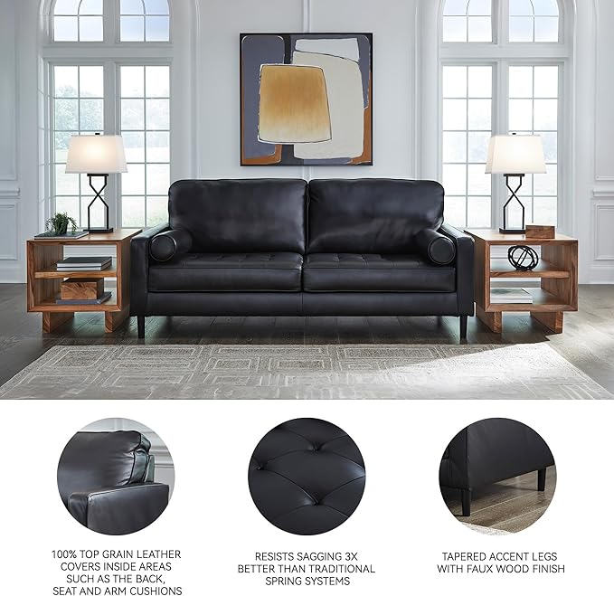 Signature Design by Ashley Bryceview Contemporary Leather Match Tufted Sofa with 2 Bolster Pillows, Black