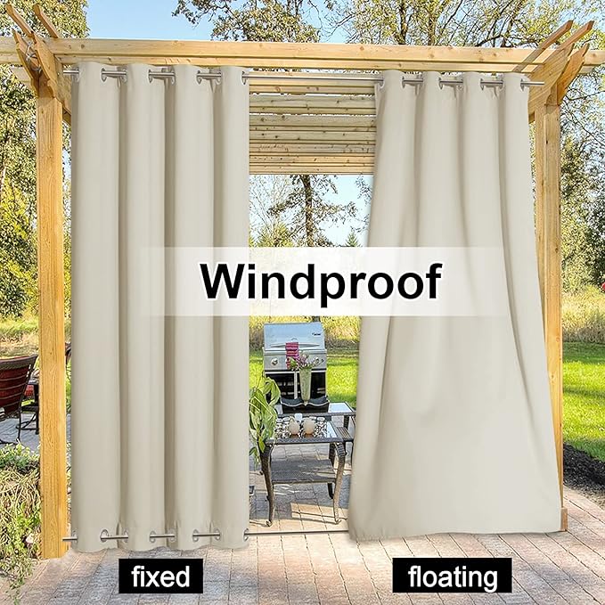 NICETOWN Outdoor Curtain for Patio Waterproof, Sun Blocking Rustproof Grommet Top and Bottom Windproof, Durable Windproof Sun/Rain Blocking for Pergola/Porch, W52 x L108, Sold by Single, Beige