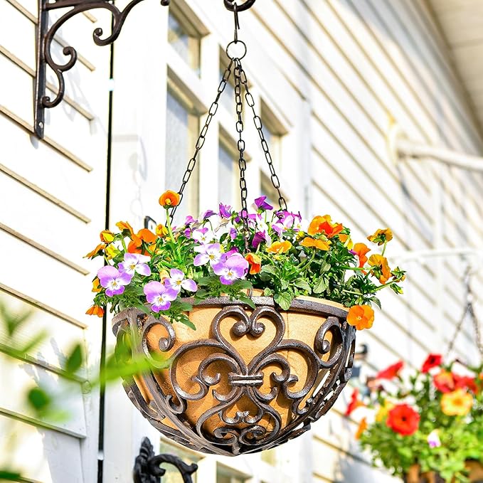 Hanging Planters, 2-Pack Rustic Brown Cast Iron Baskets with Fiber Liner