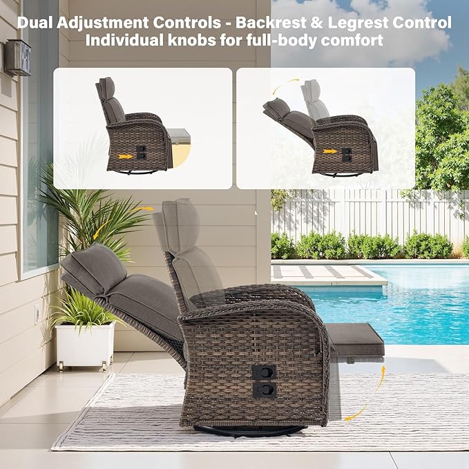 5 Piece Patio Furniture Set with Swivel Recliner Chair - Removable Outdoor Patio Couch Set, Chaise Lounge Chair Outdoor with Adjustable Backrest and Footrest and Coffee Table for Casual Gathering