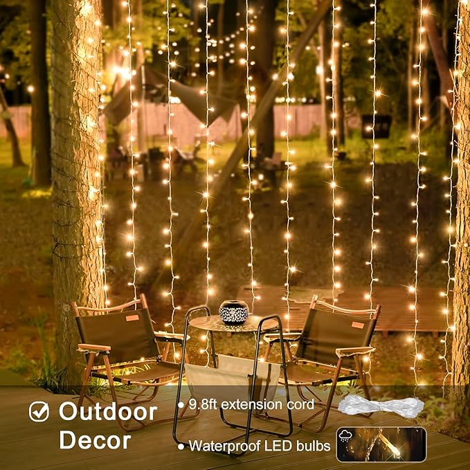 Indoor String Lights, 600 LED Warm White Curtain with Remote