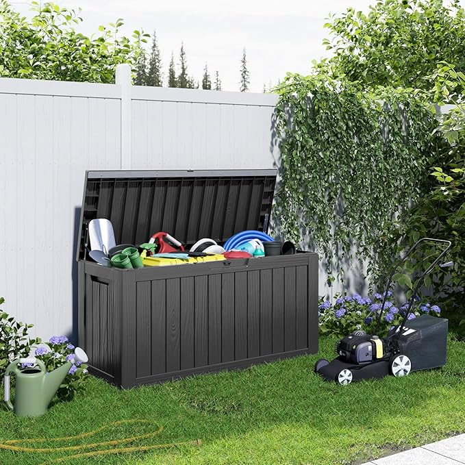 EasyUp 80 Gallon Resin Deck Box Storage Outdoor Waterproof Boxes Lockable UV Resistant Container for Patio Furniture Cushions Pool Supplies Garden Tool, Equipment Outside Storage Delivery, Black