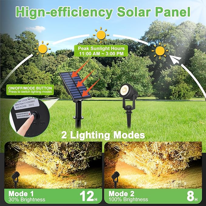 Solar Spotlights Outdoor Waterproof, Warm White Landscape Spotlights, Decorative Solar Spot Lighting for Garden, Yard, Pathway, Lawn, Poolside, Party, 2-in-1 Mounted (Warm White, 2 Pack)