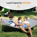 Double Hammock with Spreader Bar & Pillow, Portable 500lbs Capacity for Outdoor, Camping, Patio, Backyard Relaxation,Gray