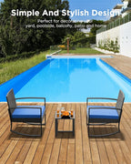 3 Piece Patio Bistro Set Patio Furniture Set Outdoor Wicker Rocking Furniture Conversation Set with Tempered Glass Coffee Table for for Front Porch Balcony and Deck (Blue Cushion)