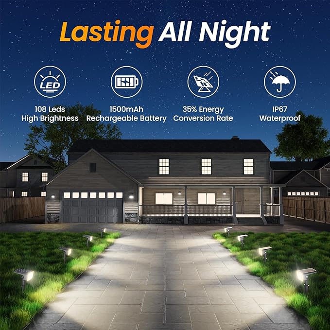 Fabrito Solar Spot Lights Outdoor 10 Pack, [108Leds, 4 Modes] Auto On/Off Spotlights, IP67 Waterproof Landscape Lights for Tree, Yard, Patio, Pool, Pathway, Driveway, Cool White