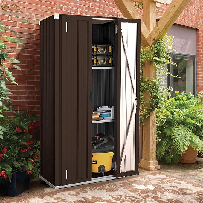 AECOJOY Outdoor Storage Cabinet Waterproof with Adjustable Shelves, Vertical Tall Garden Outdoor Cabinet, Sheds & Outdoor Storage Clearance Cabinet Weatherproof for Outside in Brown