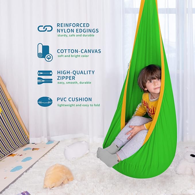 Kids Hammock Chair, Cotton and Nylon Pod Swing, Green and Yellow