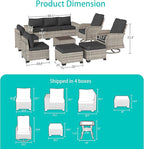 11-Piece Outdoor Patio Furniture Set with Rocking Swivel Chair Wicker Sectional Sofa Set, Patio Conversation Set with Ottomans & Coffee Table for Garden, Backyard, Poolside, Dark Grey