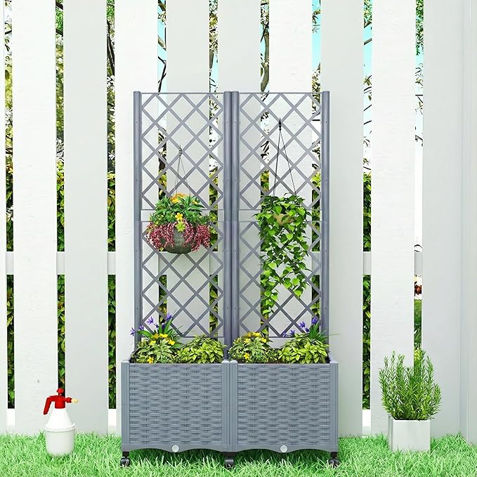 Outsunny Planter Box with Trellis, Self Watering Raised Garden Bed with Lockable Wheels, 56.3" Trellis Privacy Planter with Drainage Holes for Climbing Plants, Vines, Vegetables, Flowers, Gray