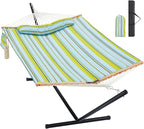 Two Person Hammock with Stand for Outside Heavy Duty, Outdoor Patio Hammock with Portable Steel Stand, Large Double Hammocks,480lbs Capacity.(Light Blue Stripes)