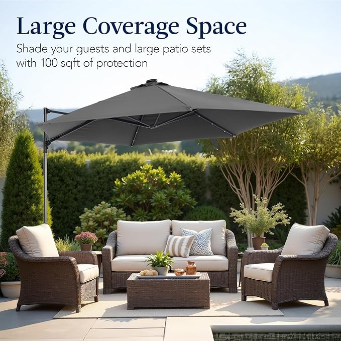 Best Choice Products 10ft Solar LED Offset Cantilever Hanging Market Patio Umbrella, Smooth 360° Rotation, 8 Sturdy Ribs, Easy Adjustment - Gray