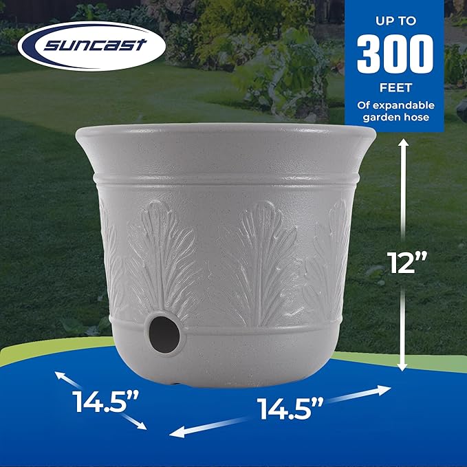 Suncast 300 Foot Heavy Duty 5 Gallon Decorative Plastic Hose Pot for Expandable and Lightweight Hoses, Ideal for Garden, Patio and Backyard Use
