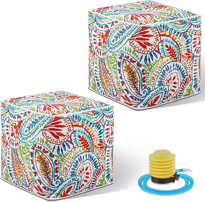 Juexica 2 Pack Ottoman Poufs Indoor Outdoor Inflatable Ottoman Stool Cube Pouffe Square Footstool with Handle for Patio Garden Home Boho Decorative Living Room, Bedroom(16 x 16 x 16 Inches)