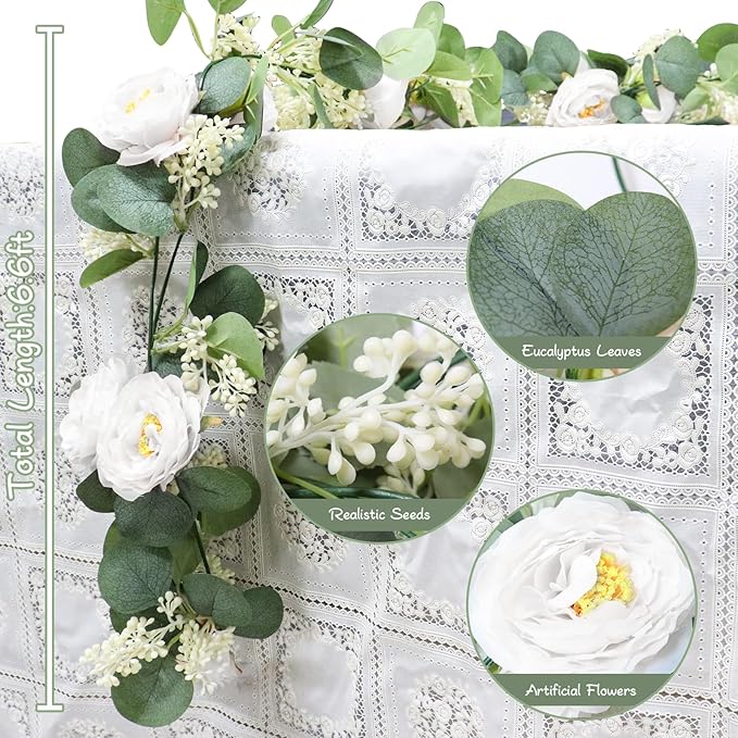 Artificial Eucalyptus Garland 2-Pack, White Roses and Green Leaves