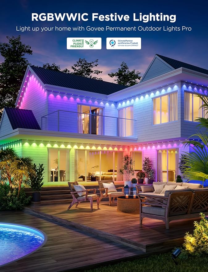 Govee Permanent Outdoor Lights Pro, 150ft with 90 RGBIC LED Lights for Daily and Accent Lighting, 75 Scene Modes for Outdoor Decor, IP67 Waterproof, Works with Alexa, Google Assistant, Matter, White