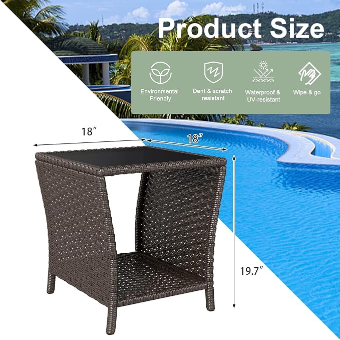 Side Table Set of 2 Wicker Patio Table with Glass Top and Storage Shelf