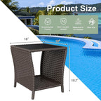 Side Table Set of 2 Wicker Patio Table with Glass Top and Storage Shelf