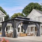 Aoxun 12'x16' Hardtop Gazebo, Aluminum Frame Permanent Pavilion with Curtains and Netting, Outdoor Polycarbonate Double Roof Canopy, Designed for Garden, Lawns, Patio