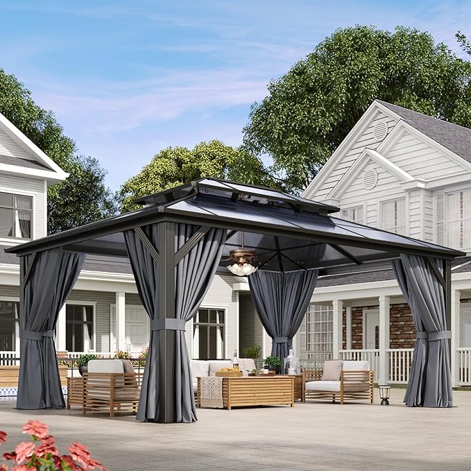 Aoxun 12'x16' Hardtop Gazebo, Aluminum Frame Permanent Pavilion with Curtains and Netting, Outdoor Polycarbonate Double Roof Canopy, Designed for Garden, Lawns, Patio