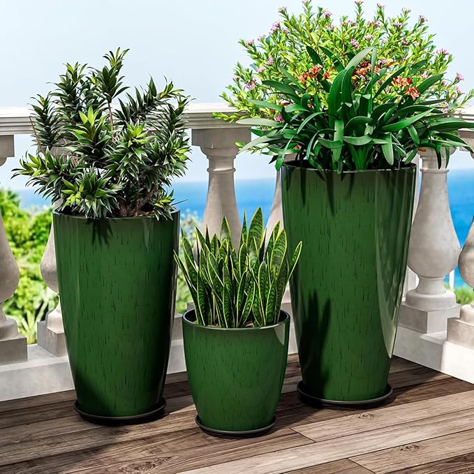 QCQHDU 24,21,11 inch Large Planters with Drainage Hole & Saucer, Set of 3 Plant Pots Tall Planter for Indoor & Outdoor Plants Home Modern Decor
