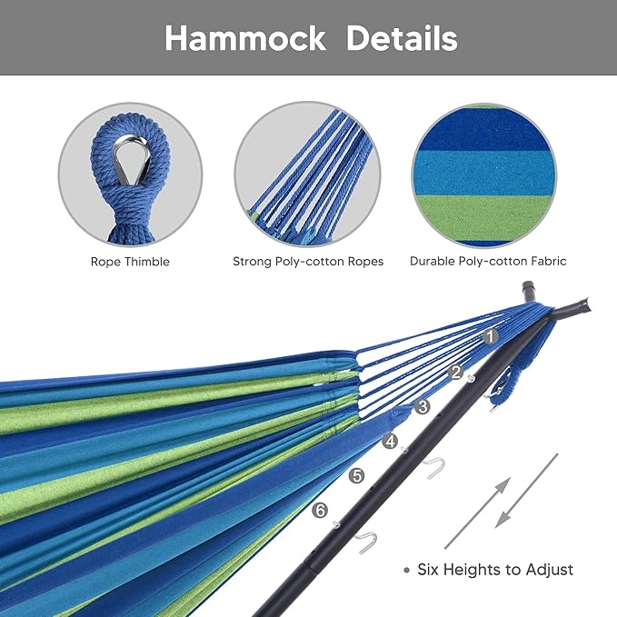 SUNCREAT 2-in-1 Hammocks Hammock Chair with Stand, 475 lbs Capacity, Heavy Duty Two Person Hammock with Stand, Patented, Blue Stripe