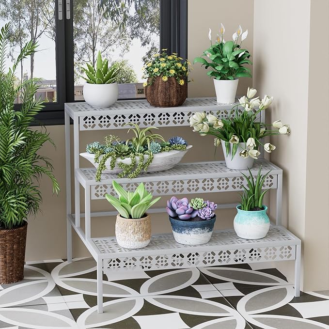 Garden 4 you 3 Tiers Metal Plant Stand,Rectangular Ladder Flower Pots Outdoor Plant Rack, Indoor Plant Display Rack, Heavy Duty Utility Storage Organizer for Home Garden Patio Balcony, Stair Style(White)