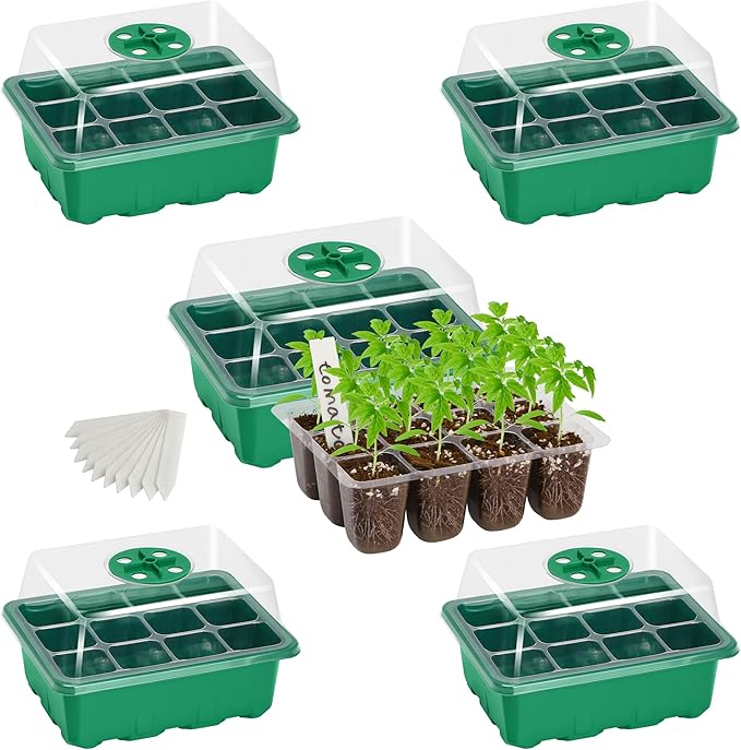Bonviee 5-Pack Seed Starter Trays, Seed Starter Kit with Adjustable Humidity Dome and Base Indoor Greenhouse Mini Propagator for Seeds Growing Starting (12 Cells Per Tray, Green)