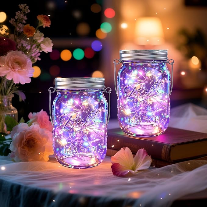 String Lights, Solar Mason Jar Hanging Lights, 12 Pack, Multicolor