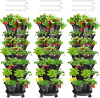 Strawberry Vertical Planters Tower Garden 3 Pack, 7 Tiered Stacking Herb Vegetable Planter with Support Pole Indoor and Outdoor - Black