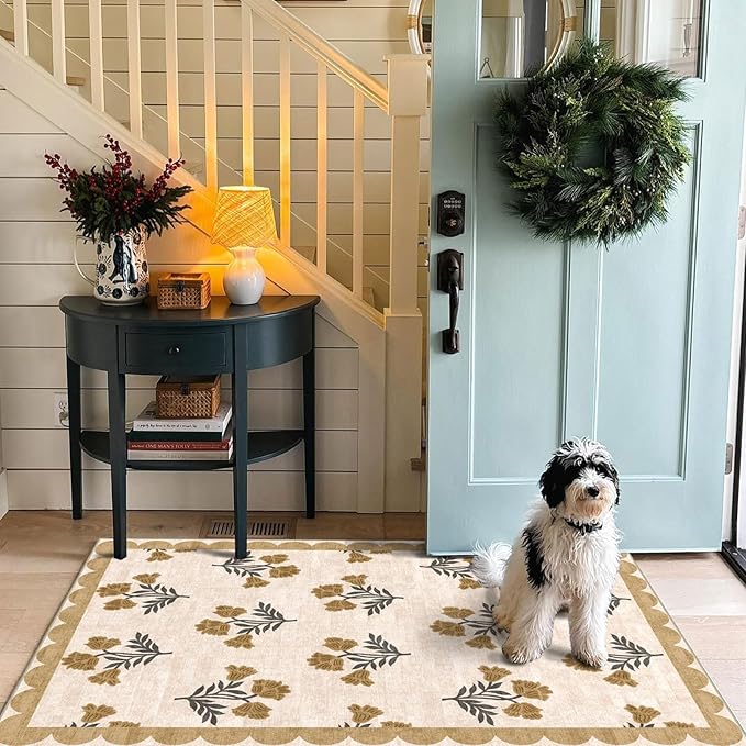 Outdoor Rug 3x5 Beige Floral Entry Mat, Washable Polyester
