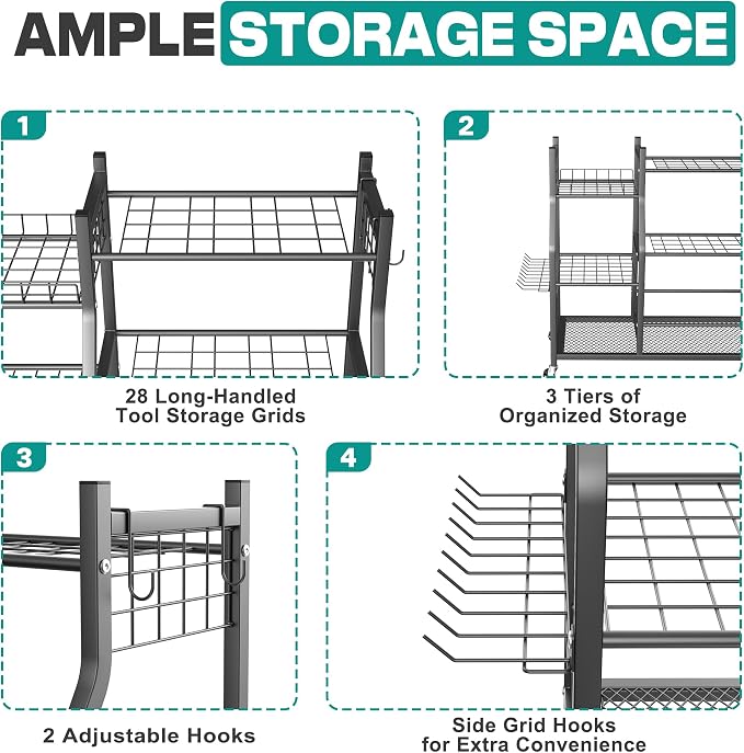 Storage Rack, 5-Shelf Alloy Steel Yard Tool Rack with Lockable Wheels