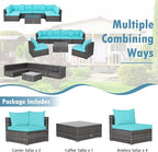 Tangkula 7 Pieces Wicker Patio Furniture Set, All-Weather Outdoor Rattan Sectional Sofa Set with Cushions & Tempered Glass Coffee Table, Outside Sofa Set for Garden, Lawn, Deck, Backyard (Turquoise)