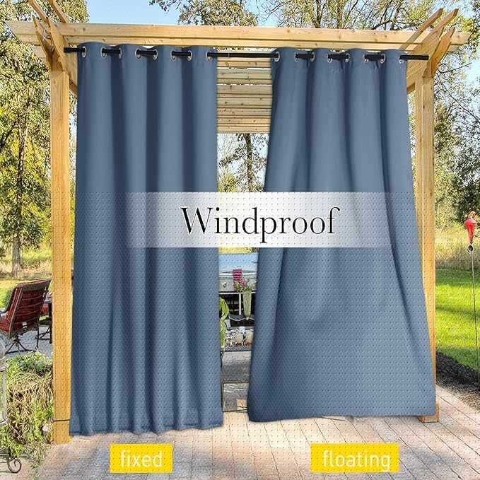NICETOWN 2 Panels Outdoor Curtains for Patio Waterproof & Windproof, Extra Wide Grommet & Back Tab on Top & Bottom Thermal Insulated Sun Blocking Drapes with Rope for Deck, Stone Blue, W100 x L84
