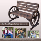 Outsunny 41" Wooden Wagon Wheel Bench, Rustic Outdoor Patio Weather Resistance Furniture, 2-Person Slatted Seat Bench with Backrest, Carbonized