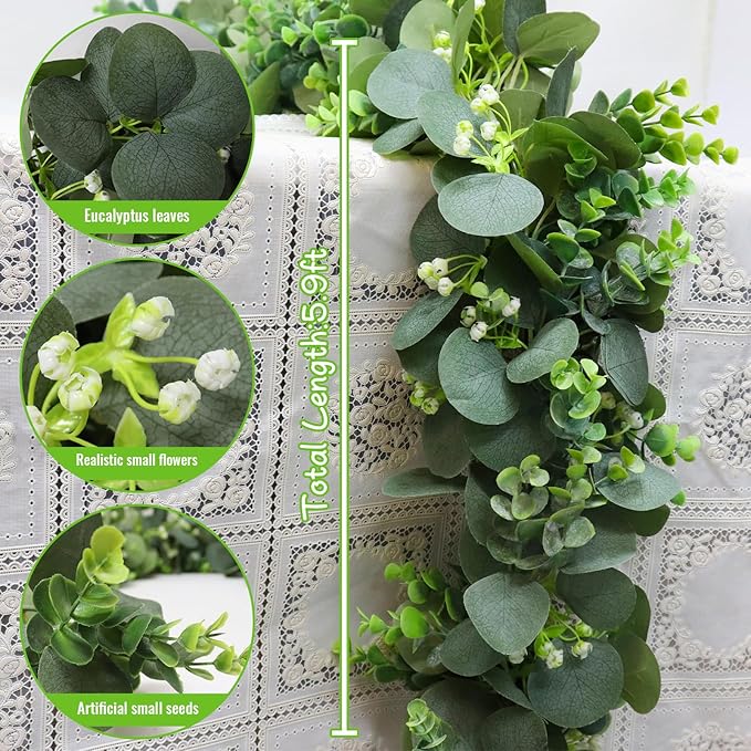 Artificial Plants Greenery Eucalyptus Garland, 5.9 Ft, 2 Pieces, Green
