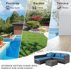 HOMREST 6 Pieces Patio Furniture Sets, Rattan Daybed with Retractable Canopy, Outdoor Sectional Sofa Set with Adjustable Backrest, Chaise Chair Sunbed for Garden Poolside Backyard (Blue)