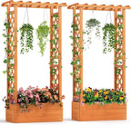 Giantex Set of 2 Raised Garden Bed with 2-Sided Trellis & Hanging Roof, Fir Wood Planter Box w/Drainage Holes, Bottom Gaps, Freestanding Garden Planter for Flowers Herbs Climbing Vines (31"x12.5"x60")
