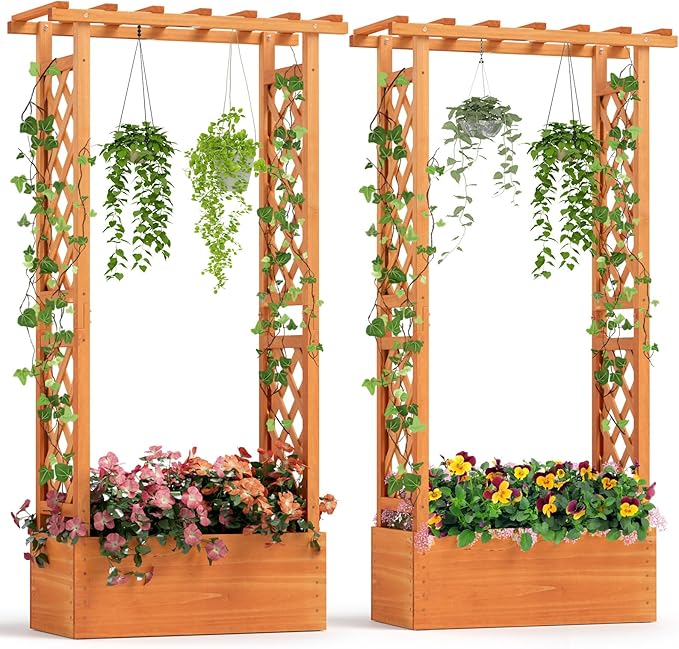 Giantex Set of 2 Raised Garden Bed with 2-Sided Trellis & Hanging Roof, Fir Wood Planter Box w/Drainage Holes, Bottom Gaps, Freestanding Garden Planter for Flowers Herbs Climbing Vines (31"x12.5"x60")