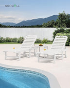 SERWALL Outdoor Chaise Lounge Set of 8, HDPE Pool Lounge Chairs with 5-Position Adjustable Backrest, Patio Loungers with Rolling Wheels & Cup Holder for Pool Sunbathing, White